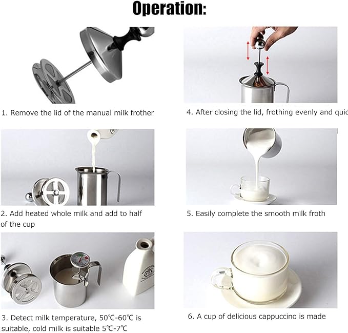 Manual Milk Frother, 14oz/400ml Stainless Steel Milk Foam Maker with Double Mesh Screen Handheld Frothing Pitcher Foamer for Coffee, Latte, Cappuccino, Frappe, Matcha, Hot Chocolate
