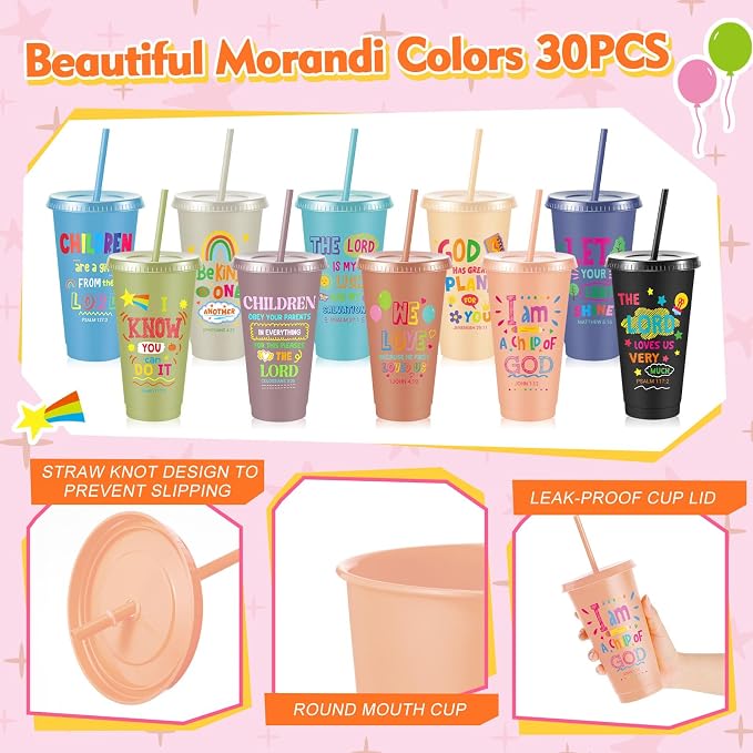 Uiifan 30 Pcs Morandi Christian Cups for Kids, 4oz VBS Pastel Reusable Plastic Tumblers with Lids Straws, Bible Verse Party Plastic Cups for Sunday School, Classroom and Holiday Gifts