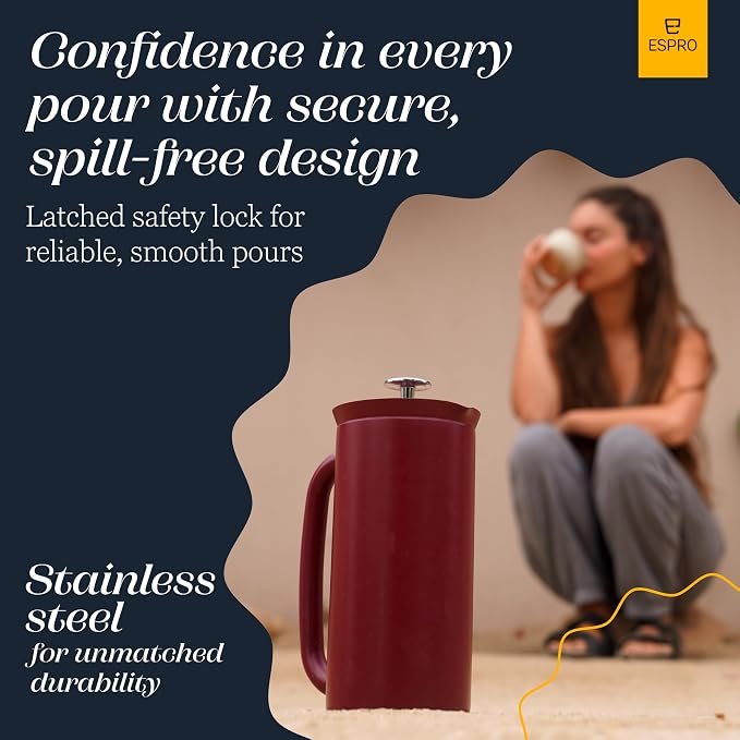 ESPRO Pro P7 French Press Coffee Maker - Double-Walled Stainless Steel Insulated with Micro-Filter - Cranberry, 32oz