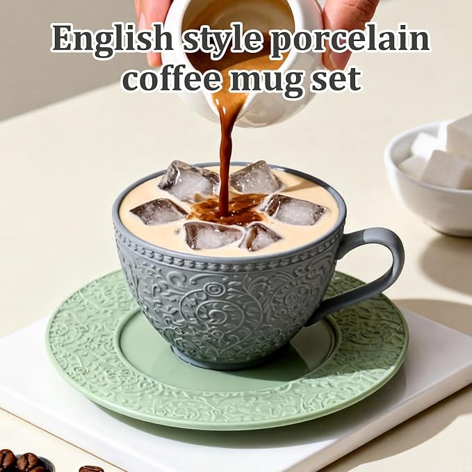 Sophisticated English Afternoon Tea Set, Good for Tea & Latte, Embossed Vintage Cup & Saucer in Slate Grey and Sage Green, 8.5oz Microwave & Dishwasher Safe Stoneware
