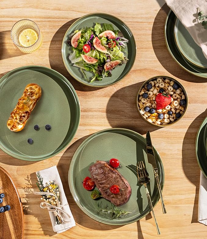 TheTerra Ceramic Dinnerware Sets for 4, 12 Pieces Porcelain Lightweight Plates and Bowls Sets, Scratch Resistant Dish Set, Oven & Microwave & Dishwasher Safe, Sage Umber