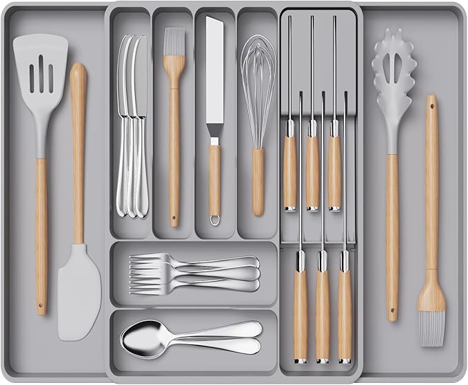Lifewit Silverware Organizer for Kitchen Drawers, Expandable Cooking Utensil Tray, Adjustable Cutlery and Flatware Holder, Adjustable Spatula Tools and Gadgets Storage Divider