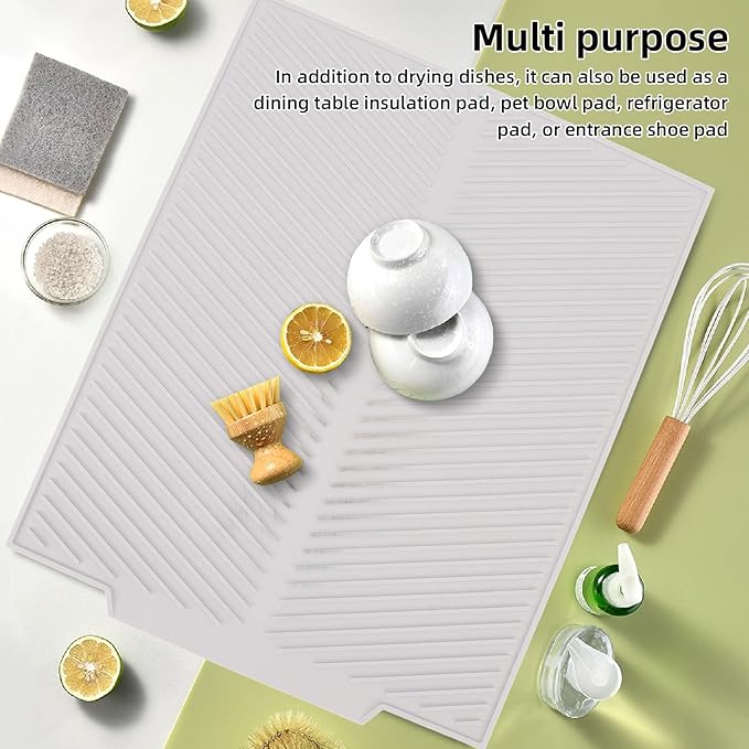Draining Board Mat, Non Slip Silicone Dish Drying Mat Flume Drain Board Drainer Mat for Kitchen Countertop Tabletop Accessories (White)