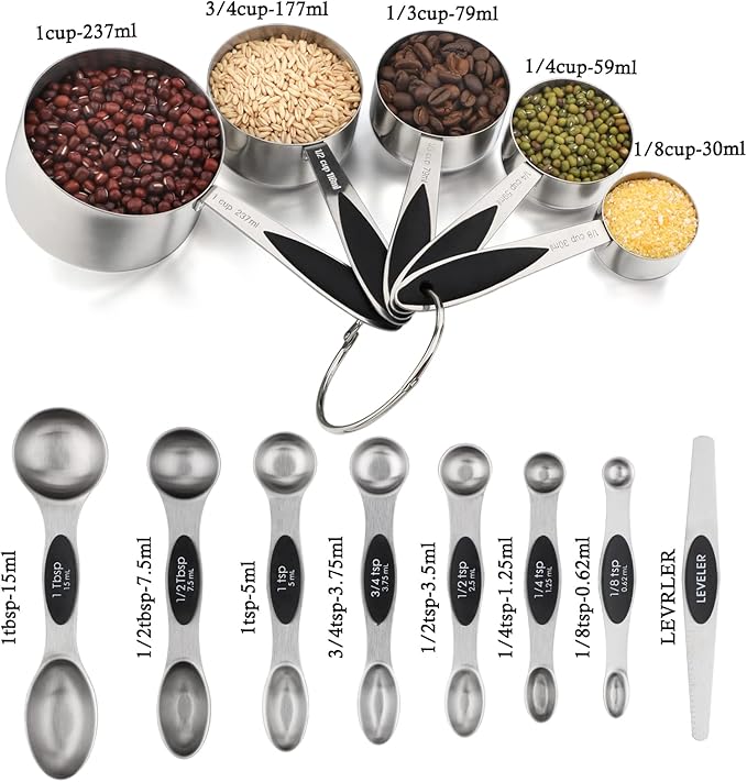 Measuring Cups and Spoons Set Includes 5 Stainless Steel Measuring Cups 7 Magnetic Measuring Spoons and 1 Leveler for Dry or Liquid Ingredients (Black)