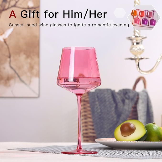 Colored Wine Glasses Set of 6 – 18oz Hand-Blown Crystal Stemmed Wine Glasses, Vibrant Sunset Square stemware for Red & White Wine, Unique Gift for Wedding,Birthday
