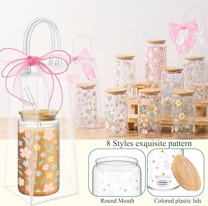Mumufy 8 Sets Daisy Flower Glass Cups with Clear Gift Bag 16 oz Reusable Pink Yellow Iced Coffee Mugs Aesthetic Cute Tumbler with Lids and Straws, Gifts for Girls Women Bridesmaid