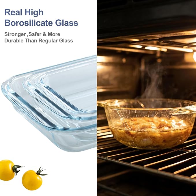 Glass Baking Dish, Glass Baking Dishes for oven,Food Container 3-Piece Set for Cooking Lasagna Kitchen Baking Bakeware Set Oven Microwave Refrigerator Dishwasher Safe (6)