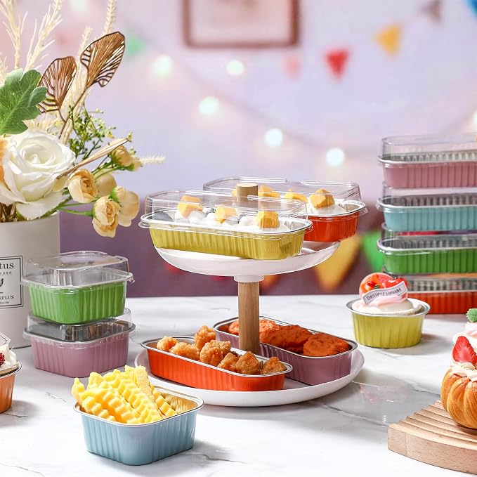 Blushtier 120 Set/240 Pcs Mini Loaf Pans with Lids and Spoons Disposable Mini Cake Pans, 6.8, 5, 4.2 oz Square Rectangle Round Aluminum Foil Cupcake Baking Cups Dessert Liners Tins for Desserts