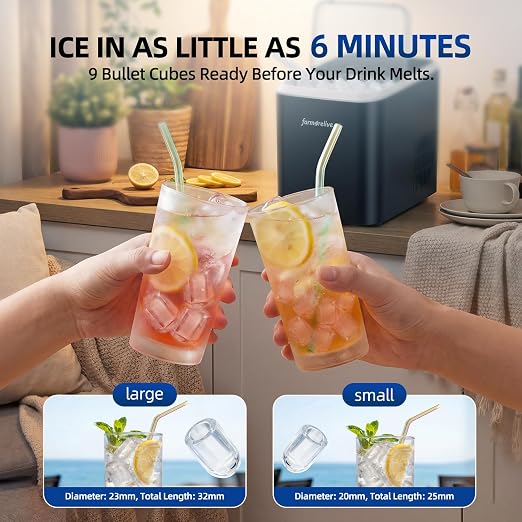 Portable Ice Maker Countertop - 26Lbs/24H Bullet Ice Machine with Self-Cleaning, Stainless, Makes 9 Ice Cubes in 6-8 Mins, 2 Sizes of Ice for RV Kitchen Home Party Camping, 1.5L Water Tank