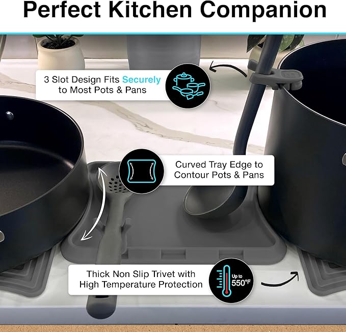 Nottadrip Silicone Spoon Rest for Stove Top - Kitchen Spoon Rest for Countertop, Ladle Holder, All in 1 Serving Station, Elevate Handles, Drip to Tray, Mess Free - 5PC Trivet Set - Gray