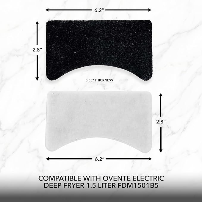 OVENTE 1.5 Liter Electric Deep Fryer FDM1501BR Charcoal and Oil Vapor Replacement Filter Set Pack of 3, White and Black ACPFDM1503