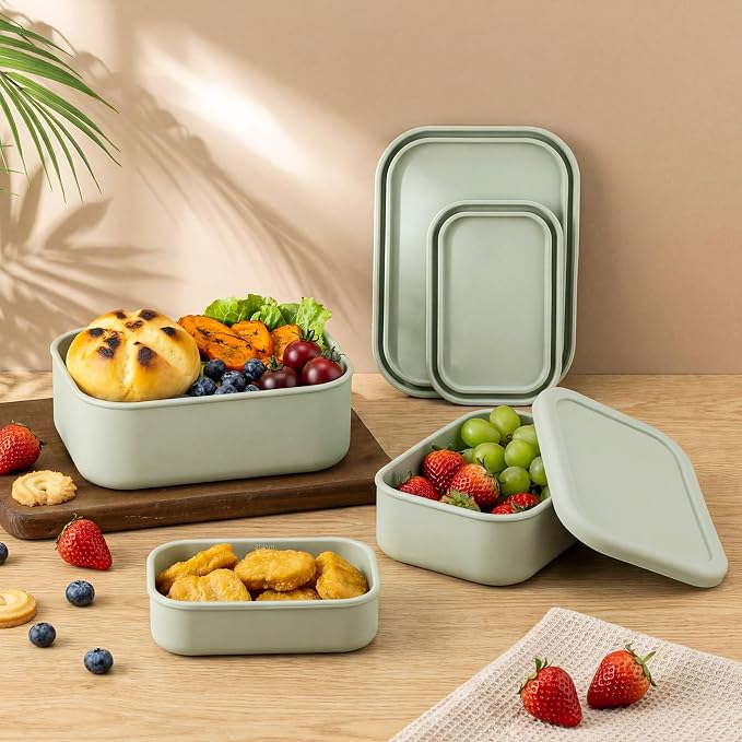 Blushtier 2 Sets of 6 Silicone Food Storage Containers, Reusable Lunch Bento Box with Lid, Hard Shell Storage Containers, Microwave Dishwasher Freezer Safe, 10 oz, 23.6 oz, 44 Ounce(Sage Green)