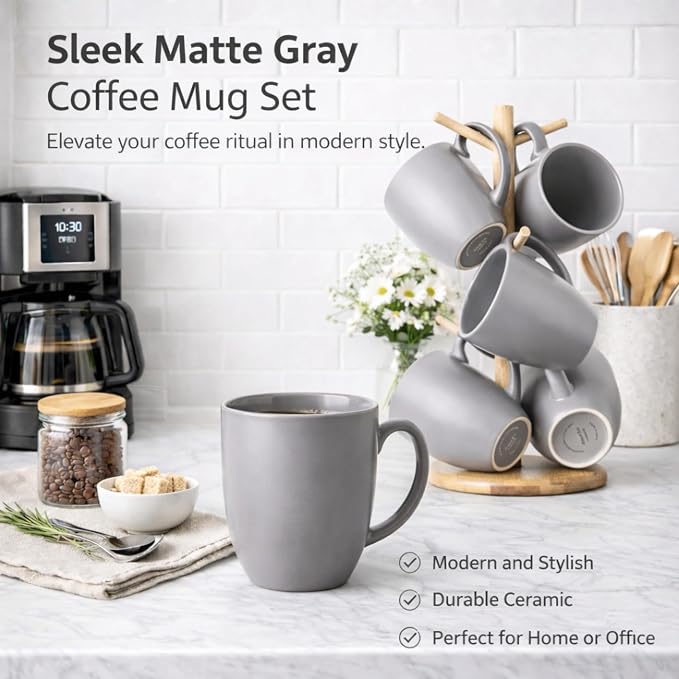 AmorArc 12 oz Coffee Mugs Set of 6, Ceramic coffee mugs with large handle for Men Women, Coffee Mugs for Coffee,Tea,Latte,Cocoa. Easy to Hold&Clean, Dishwasher&Microwave Safe, Matte Grey