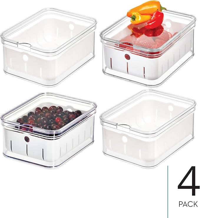 iDesign Small Fridge Berry Bin with Removable Colander Basket and Lid - Set of 4 - Clear/White
