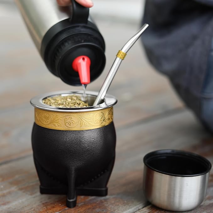 Cuopru Premium Argentina Imperial Yerba Mate Cup with Bombilla Mate (Straw) Set, Baroque Style, Leather Gourd, 304 Stainless Steel Inner (Black)