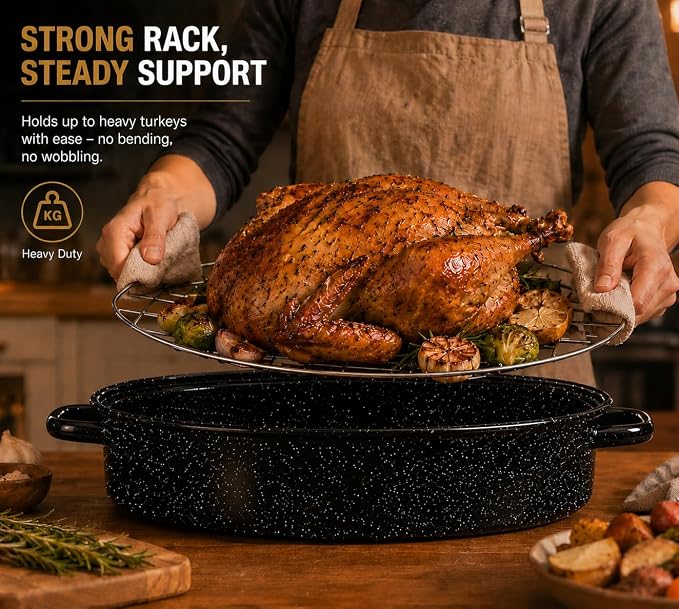 13 Inch Enamel Roasting Pan with Lid & Rack, Oven & Dishwasher Safe Turkey Roaster, 932°F Heat Resistant, Includes Silicone Handles & Cleaning Sponges