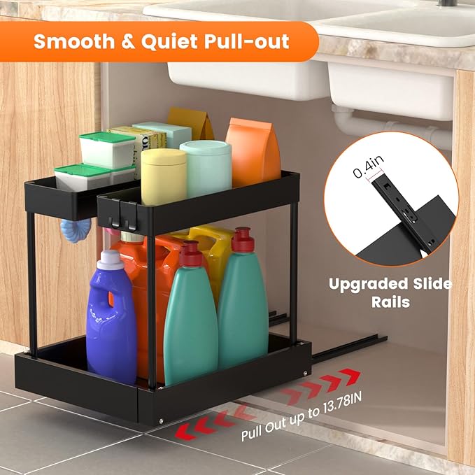 Expandable Under Sink Organizers and Storage,Width Adjustable (14.9-23.6IN),No Drill 2-Tier Pull Out Under Cabinet Organizer for Kitchen Bathroom Laundry (black)