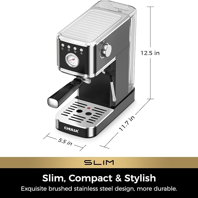 CHULUX Slim Espresso Machine with Milk Frother, 20 Bar Professional Italian Pump Espresso Coffee Machine for Home Cappuccino & Latte Maker, Stainless Steel, Black