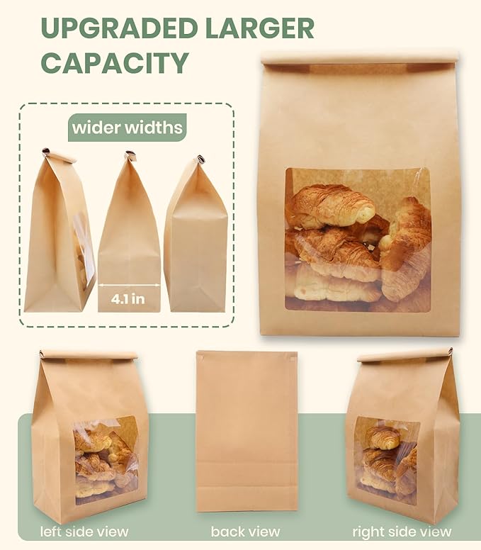 100 Pack Large Thick Brown Kraft Paper Boule Bread Bags for Homemade Sourdough Round Artisan Loaf Gifting, Packaging and Storage to Keep Fresh with Window and Wire Tin Tie Tab Closure, 13.6x8.3x4.1in