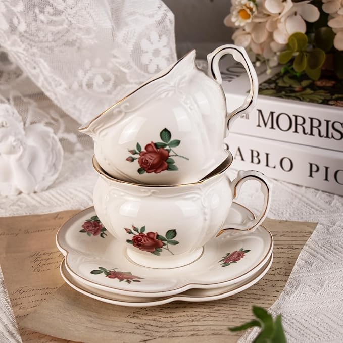 KAMMAK Tea Cups and Saucers Set of 2, Porcelain Coffee Cups, 6.8-Ounce Stackable Espresso Mugs, Ceramic Demitasse for Coffee, Latte, Americano, Tea, Baroque Rose