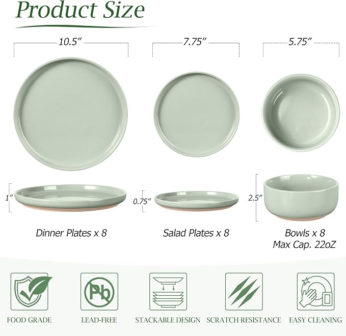 LIANYU Plates and Bowls Sets for 8, 24 Piece China Dinnerware Stoneware Set, Porcelain Dishware for Microwave, Dishwasher, Oven, High temperature Resistant, Fog Green