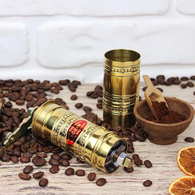 Sozen Hammered 7" Manual Coffee Grinder Brass – Hand Crank Burr Mill for Turkish Coffee, French Press, Espresso, Camping & Home Use – Portable Coffee Bean Grinder, Adjustable Conical Grinder