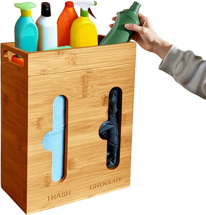 Under Sink Organizer for Kitchen Cabinet - Bamboo Trash Bag Dispenser & Bag Holder – Pantry Organizer & Garbage Roll Holder for Cleaning Supplies, Apartment Essentials & Home Organization