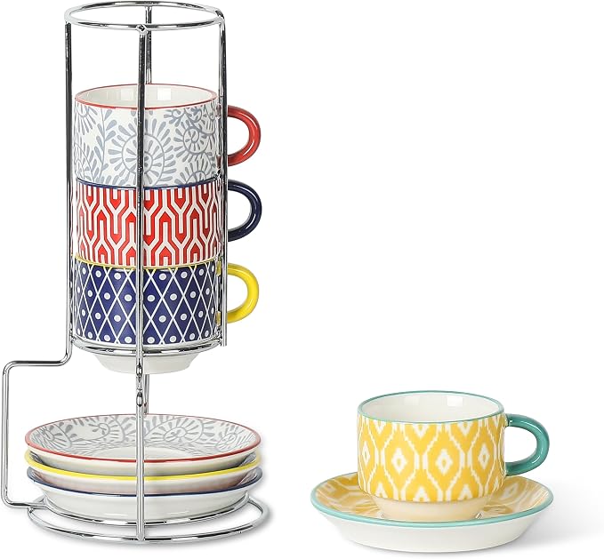 Selamica Ceramic Espresso Cups with Saucers and Metal Stand, 2.5 OZ Stackable Demitasse Cups for Espresso Latte Café Mocha, Set of 4, Assorted Colors