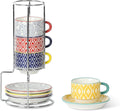 Selamica Ceramic Espresso Cups with Saucers and Metal Stand, 2.5 OZ Stackable Demitasse Cups for Espresso Latte Café Mocha, Set of 4, Assorted Colors