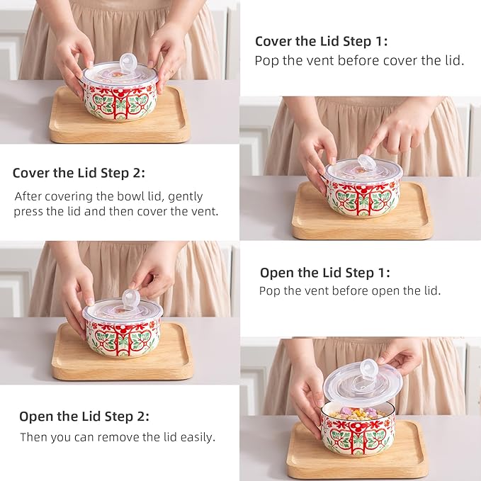 Ceramic Bowls Set with Lids: Set of 4 Microwave Safe Bowls for Soup Meal Prep Cereal Salad Fruit - Food Storage Containers with Lids for Work Lunch Pinic Camping - Pattern A1