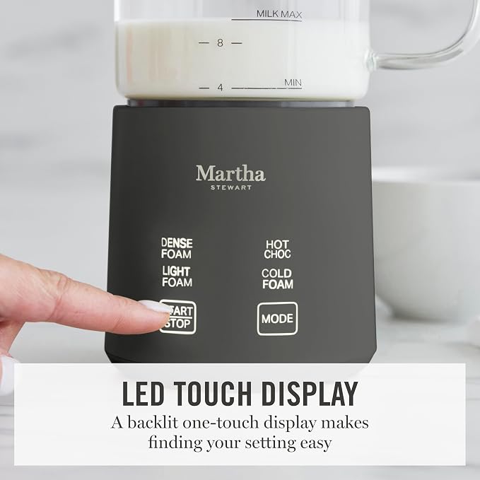 Martha Stewart Milk Frother and Steamer, 10oz/300ml Glass Cup, 4 Presets (Cold Foam, Light, Dense & Hot Chocolate), Ready in 90 Seconds, Cordless Pouring, One-Touch for Hot and Cold Milk, Caviar Gray