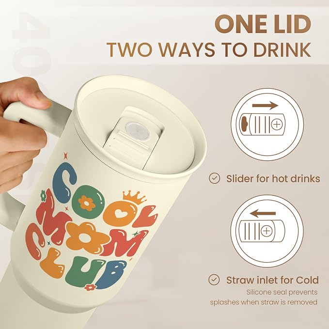 Mom Tumbler with Handle 40oz, Cool Mom Club Cup Stainless Steel Insulated Tumblers Coffee Travel Mugs, Gifts for Moms from Daughter Son, Best Mother Gift for Birthday Christmas Mothers Day