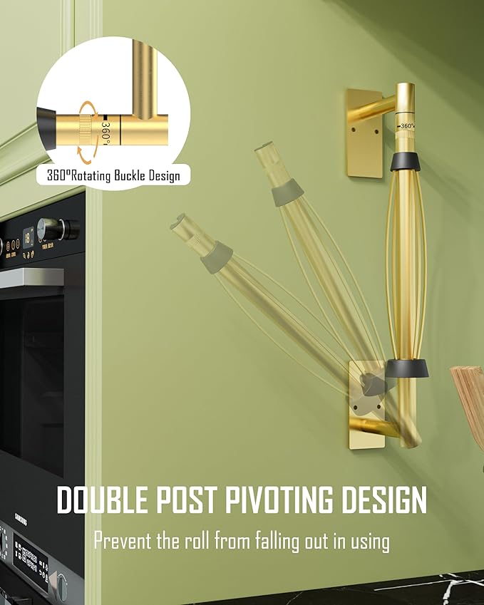 Paper Towel Holder Under Cabinet, Single Hand Operable Roll Holder with Damping Effect,No Drilling or Wall Mounted SUS304 Stainless Steel for Kitchen Bathroom (Brushed Gold)