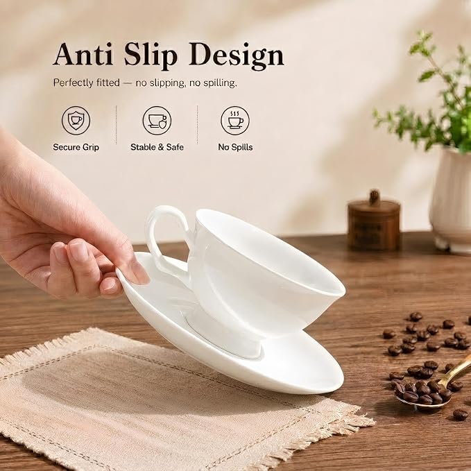 Fine Bone China Espresso Cups and Saucers Set of 4, 5 Oz Classic White Tea Cup Set for Coffee, Cappuccino, Latte, Afternoon Tea, Wedding, Festival Gift