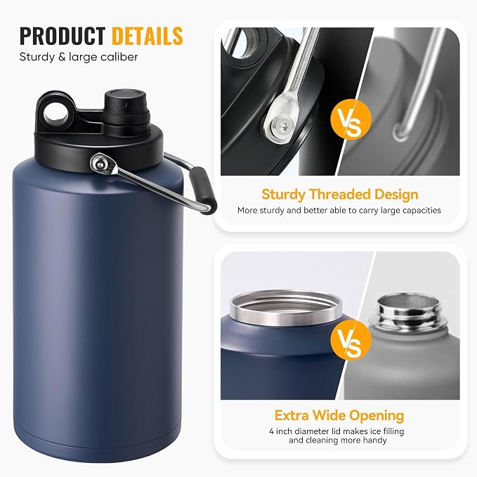Insulated Gallon Jug with Handle, One Gallon, 128oz Stainless Steel, Large Double Vacuum Water Bottle for Cold Drinks, Wide Mouth, Sweat Proof, Carrier bag, Great for Travel, Camping, Dark Blue