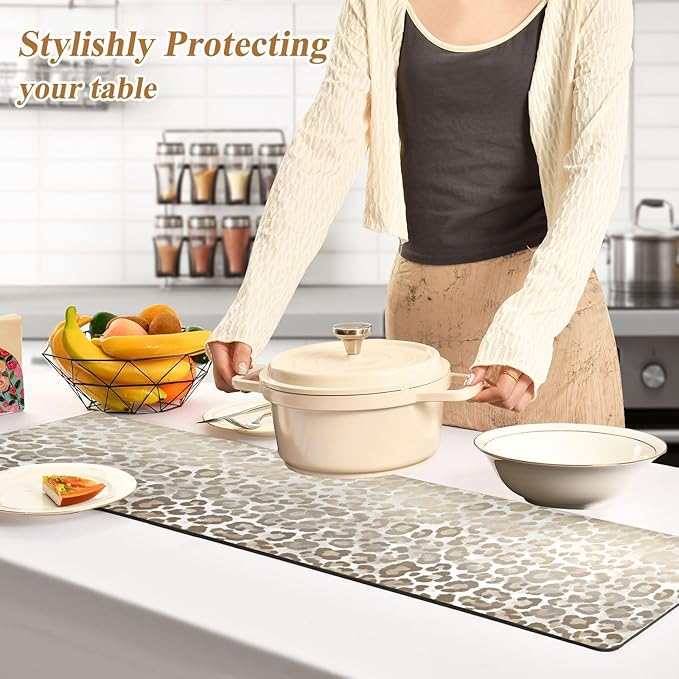 2-in-1 Table Runner Trivet for Hot Dishes Heat Resistant Hot Plate Mat Pad 39x12 Inch Waterproof Table Protector Trivets for Countertop Non Slip Decorative Brown and Beige Leopard Print