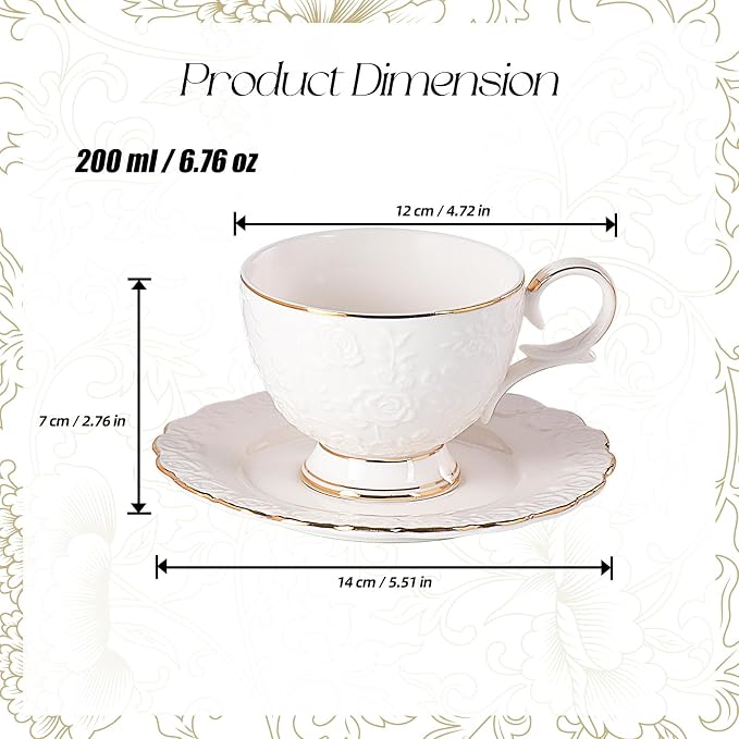 KAMMAK Tea Cups and Saucers Set of 2, 6.7oz Porcelain Coffee Cups with Saucers, Ceramic Espresso Mugs for Coffee, Latte, Americano, Tea, Elegant Teacup and Saucer (YFH14)