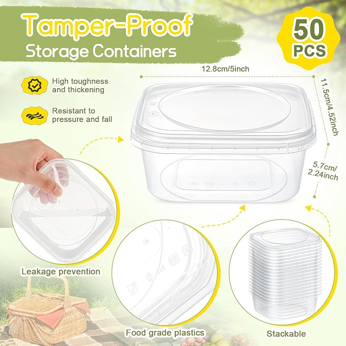 50 Pack 16 oz Deli Containers with Lids, Tamper Proof Leak Resistant Clear Plastic Food Storage Containers, Airtight Meal Prep Container for Soup Salad Tiramisu, Microwave & Dishwasher Safe