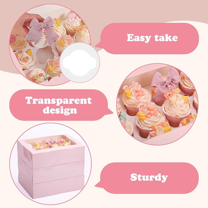 Moretoes 12 Count Cupcake Boxes, 7PCS Auto-Popup Cupcake Container with Window Boxes, Pastry Box for Birthday Holiday Party Bakery Supplies (Pink)