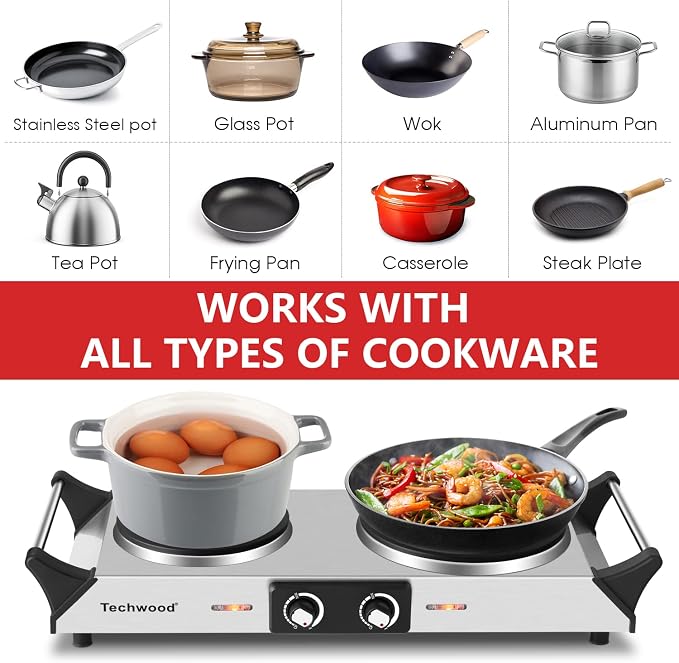 Hot Plate, Techwood Double Burner for Cooking, 1800W Countertop Electric Stoves with Adjustable Temperature & Stay Cool Handles, Dual Cooktop for RV/Home/Camp, Upgraded Version Stainless Steel, Silver