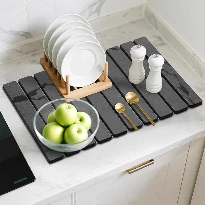 Large Stone Dish Drying Mat for Kitchen Counter, 2PCS Quick Dry Stone Dishes Mat,Foldable Water Absorbing Diatomaceous Drying Organizer Pad for Plates Rack Bottles Utensils(Dark Gray 24"×16" & 8"x4")