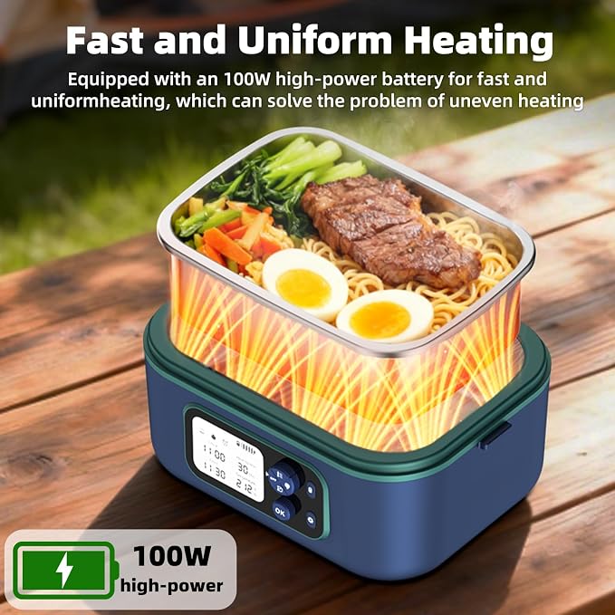 Cordless Electric Heated Lunch Box for Adults, XL 6.3-Cups Rechargeable Battery Powered Smart Self Heating Lunchbox for Men Women, 100W Food Warmer for Trucks Driver Travel Office Worker