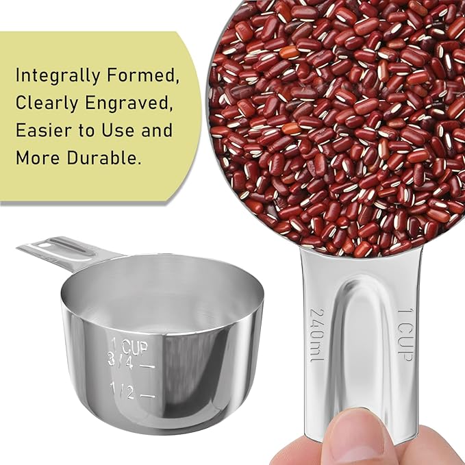 4PCS 1Cup (240ml, 8oz) Single Measuring Cup, Stainless Steel Measure Scoop, Metric and US Measurement, Dishwasher Safe