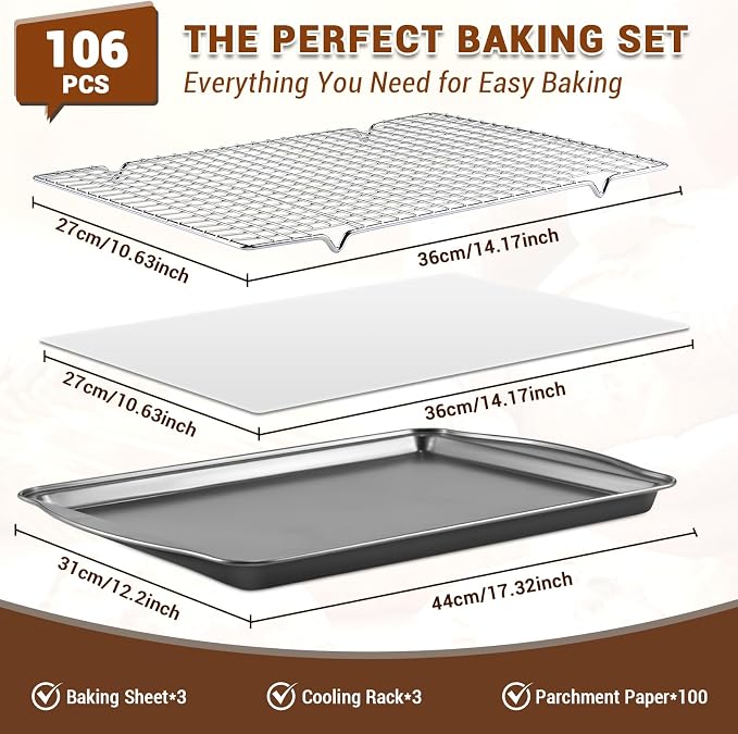 BEWOS Baking Sheet Pans With Racks Set - Including 17.6 × 12 × 1.26 Inch Carbon Steel Baking Sheet, Set of 106 (3 Sheets + 3 Cooling Racks + 100 Parchment Paper), Nonstick Bakeware sets for Baking