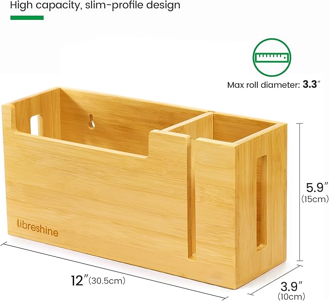 Libreshine Bamboo Trash Bag Dispenser & Holder 1.2–4 Gallon, No-Drill Adhesive Wall Mount & Cabinet Door, Fits Up to 3.3” Diameter Rolls, Mini Garbage Bag Organizer for Kitchen Under Sink