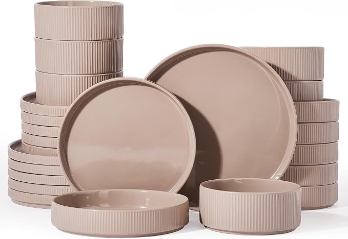 Famiware Star 24-Piece Stoneware Dinnerware Set for 6 – Shallow Pasta Bowls & Flat Plates – Modern Rustic Dishes, Everyday & Formal Use – Chip & Scratch Resistant, Microwave & Dishwasher Safe, Brown