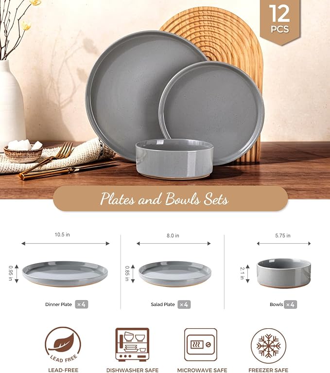 AmorArc Ceramic Dinnerware Set for 4 | Speckled Stoneware Plates and Bowls with unglazed terracotta | Scratch Resistant, Dishwasher & Microwave Safe Dishes Sets- 12-Pcs Gray