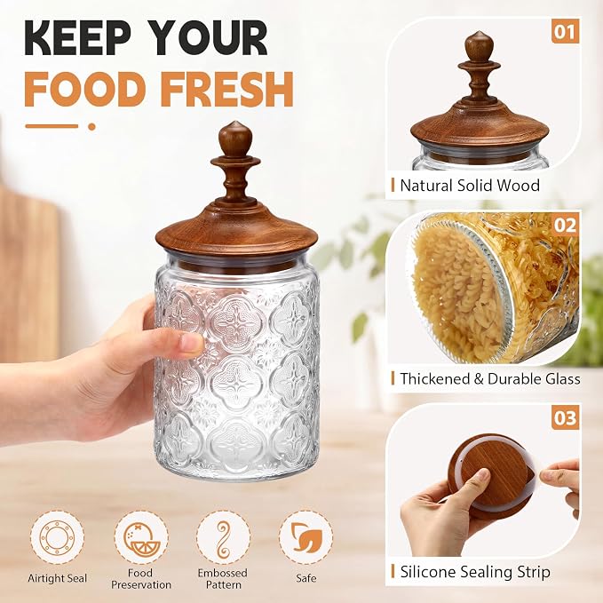 Suclain 6 Pack 24oz Vintage Glass Jars with Wooden Crown Lids, Decorative Jars Begonia Pattern, Airtight Glass Food Storage Containers for Tea Coffee Spice Pantry Organization