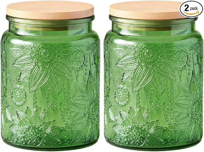 ANSQU Set of 2 Glass Jars with Lids, 23.7 FL OZ Vintage Glass Storage Jars, Cookie Jar Sugar Container for Kitchen Counter, Pantry, Candy Jar with Lid (Green, 2Pack)