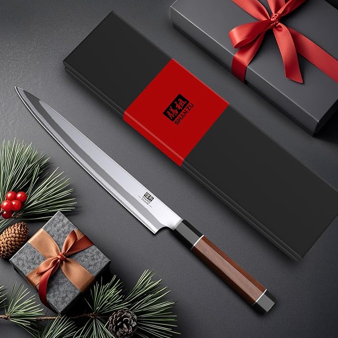 SHAN ZU 10 Inch Japanese Sushi Knife, 9 Layers 10Cr15MoV High Carbon Steel Sashimi Knife, Sharp Cutting Yanagiba Knives with Red Sandalwood Handle for Sushi Making, Slicing & Fish Knives
